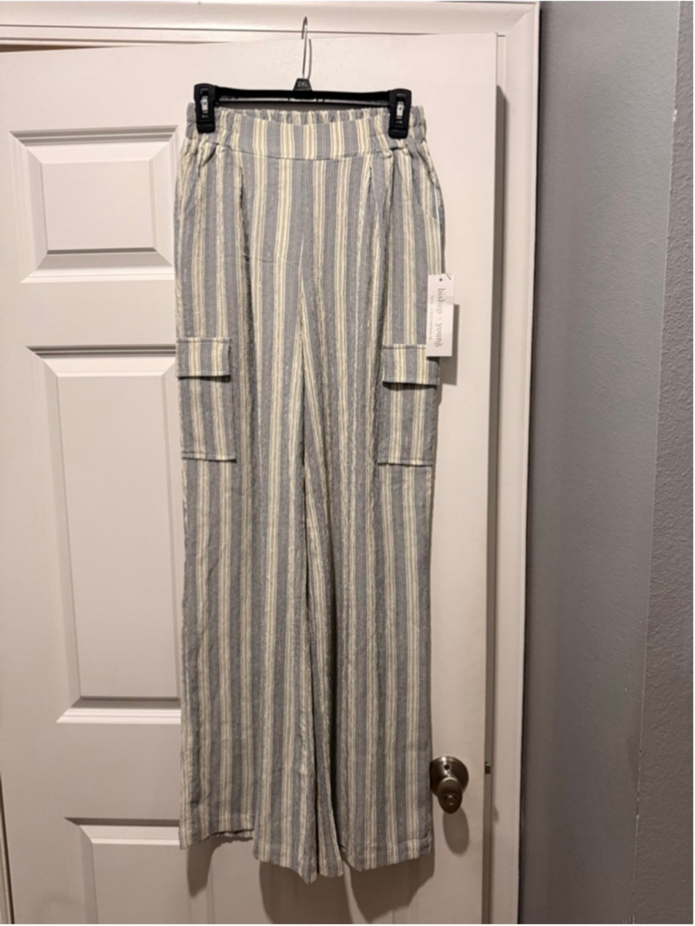 Women's Bishop + Young Blue White Stripe Wide Leg Cargo Pants Set Size S - Picture 9 of 10